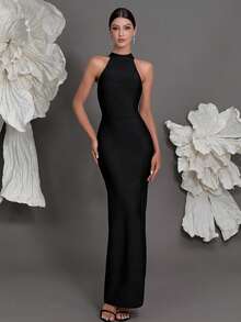 露背针织绷带连衣裙，奢华欧式风格，性感露背开衩晚礼服，修身铅笔裙，适合家庭聚会和正式场合