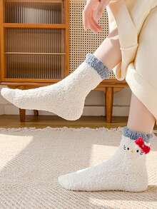 Sanrio 4 Pairs Women's Autumn/Winter Coral Fleece Cute Cartoon Hello Kitty, My Melody, Kuromi, Cinnamoroll Pattern Fashion Warm Comfortable Sleepwear Mid-Calf Socks