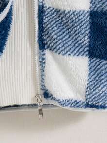 男童休闲格子拉链立领长袖羊毛夹克，适合秋冬季