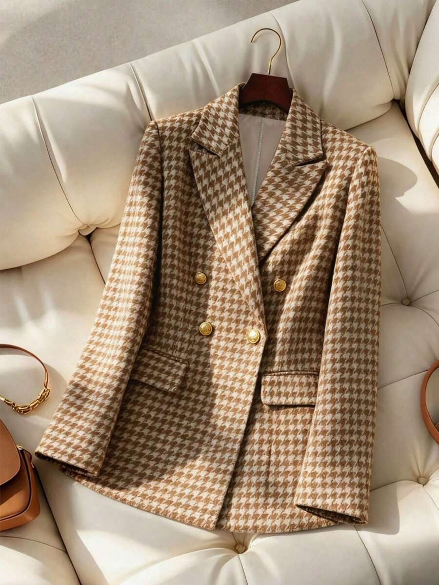 Áo khoác blazer dáng rộng tay dài họa tiết răng sói cài hai hàng khuy thời trang thanh lịch kiểu Pháp dành cho nữ vào mùa thu đông - Màu Khaki - Xem 1