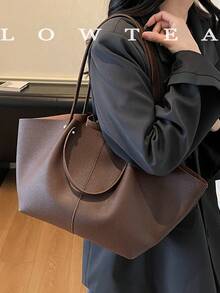 low tea 2 件纯色 PU 皮革单肩包女士休闲大容量手提包，书包带双手柄和按扣，适合旅行、购物、约会、女士礼物，适合少女、大学生和办公室女士，非常适合办公室、学校、工作、商务、通勤、户外、旅行、郊游 - 咖啡 - 查看 9