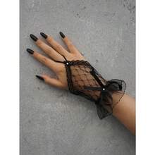 1 par de guantes sin dedos con decoración de strass y moño de moda para la vida diaria, Halloween, Día de San Valentín - Negro - Ver 2