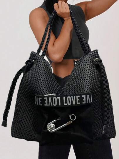 Y2K Street Personalized Women's Nylon Splicing Shoulder Bag Large Capacity Rivet Pin Decorative Crossbody Bag Zipper Closure, Solid Color, Fashionable Daily Shoulder Bag Multiple Separations Detachable Shoulder Strap Women's Wallet Very Suitable For Daily Use, Party Parties, Commuting Travel Is A Super Tasteful Holiday Fashion Heart Gift