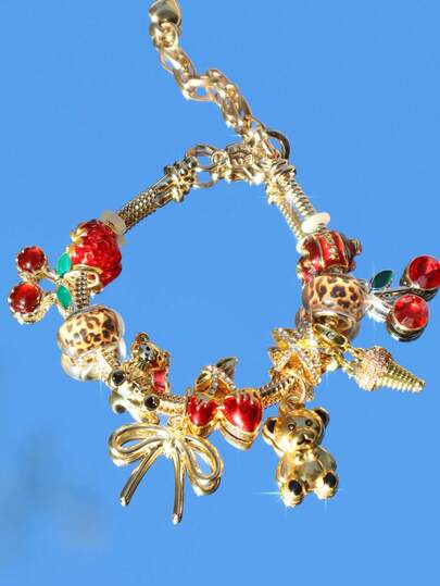 1pc Teddy Bear Charm Bracelet, Y2K Cherry Charm Bracelet, Bowknot DIY Bracelet, Vintage Bear Adjustable Bracelet, Birthday Gift Bracelet