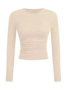 AiTyi 女士上衣，修身休闲纯色时尚简约百搭 Y2K 风格，适合毕业典礼、狂欢节、复活节、音乐节、母亲节、春夏等场合。 - 杏色 - 查看 5