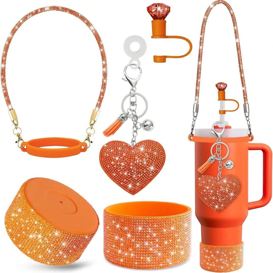Set 3 pahare cu paie cu sclipici multicolor cu diamant, kit de decor pentru sporturi în aer liber, material siliconic cu ciucuri în formă de inimă, cadou de Crăciun, Halloween, înapoi la școală, Ziua Îndrăgostiților - Multicolor - Vizualizare 1