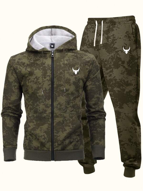 2 piezas Conjunto de sudadera con capucha y pantalones con cordón de la cintura, estampado de cabeza de toro, para hombre, ideal para moda urbana, trotar, ir al trabajo, viajes, vacaciones, al aire libre en primavera, otoño e invierno, regalo ideal para esposo o novio