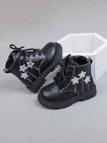1 Pair Fashionable Baby Autumn/Winter Short Boots, With Stylish Pentagram Pattern And Stitching, Retro Side Zipper Design, Comfortable Warm Plush Lining And Anti-Slip Rubber Sole, Suitable For Baby Daily Commute And School Activities - Black - View 8