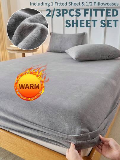 2/3pcs Fitted Sheet Set, Bedding, Mattress Protector, Bed Cover, Cozy Home Textile, Soft-Comfortable Mattress Cover, Solid Color Sheet, Deep Pocket, Bed Sheet Only, Without Pillowcase, Dustproof, Machine Washable, Bedding Gifts, Fits For Twin Full King Queen Size Beds, Machine Washable, Autumn Decor, Winter Decor