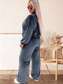 女士加大码天鹅绒连帽拉链外套和阔腿裤两件套休闲套装，弹力休闲套装，优雅时尚 - 深灰色 - 查看 8