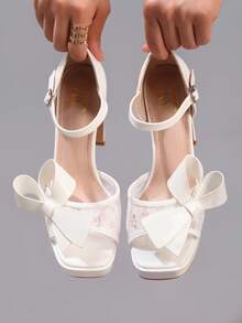 Giày cao gót đế xuồng ren nơ màu trắng, gợi cảm cho tiệc tùng, đám cưới, giày cao gót hở mũi chống thấm nước thời trang cho nữ - trắng - Xem 4