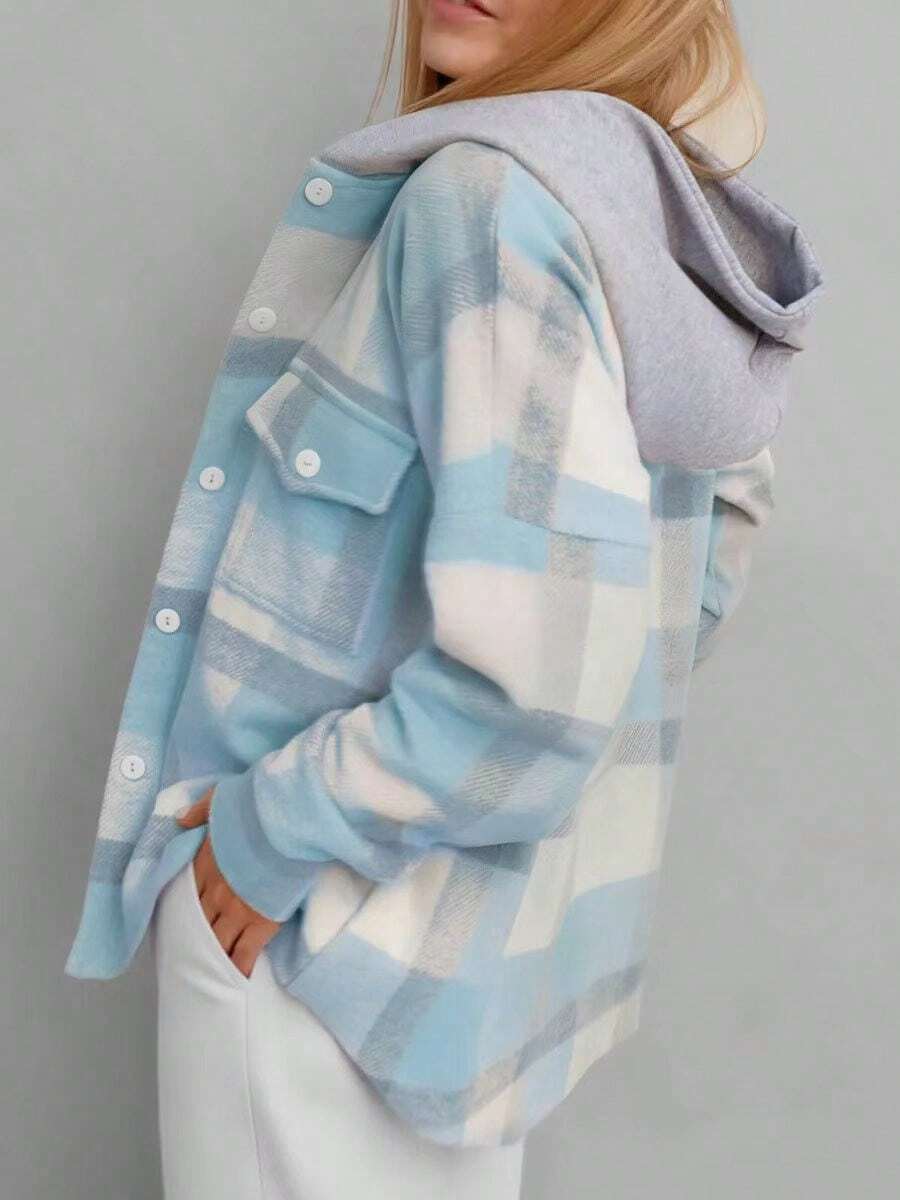 Women's Elegant Warm Qversized Checkered Autumn Shirt With A Hood ,Long Sleeve Plaid Casual Party Spring Fall Buttons Cardigan