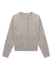 Knit Mix Áo khoác cardigan dệt kim dáng rộng kiểu Pháp thanh lịch dành cho nữ, thích hợp cho Giáng sinh, Lễ Tạ ơn, Năm mới, tay dài, cổ tròn, màu trơn, phong cách thường ngày cho mùa Thu/Đông. - Hoa Hưng - Xem 8