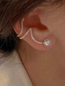 1pair Elegant And Simple Wave-Shaped Faux Pearl And Rhinestone Ear Studs Suitable For Women's Daily, Festivals Or Parties - Fake Pearls - View 1