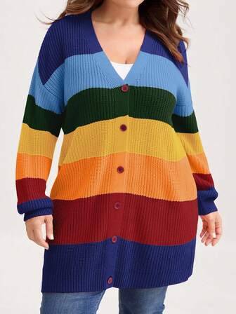 Plus Size Women's Mid-Length Multi-Color Contrast Open Cardigan Top, Fashionable Soft Knit Material, Essential For Autumn/Winter, Loose Knit Button-Up Sweater Cardigan, Suitable For Holidays, Spring/Autumn