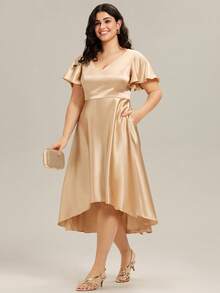 EVERPRETTY Robe mi-longue élégante en satin, design col V, manches évasées courtes, robe de demoiselle d'honneur champagne, robe pour invité de mariage, avec poches - Champagne - Voir 3
