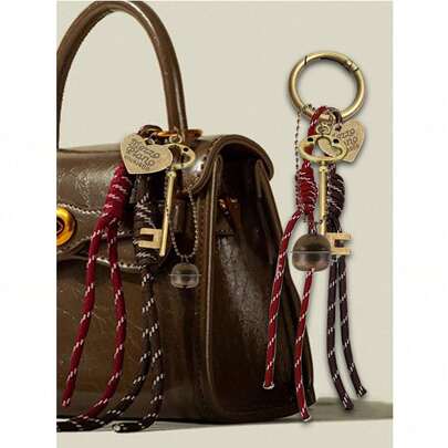 Bronze Key Bag Pendant, Vintage Pendant Exquisite Key And Heart-Shaped Pendant, Bell Pendant, Decorated With The Letters "Mezzo Piano Since 1988", Bag/Mobile Phone Decorative Accessories, Burgundy Braided Rope, Brown Lanyard Accessories, Cool Style Bag Pendant, Retro And Gorgeous Style, Bag Decoration Keychain