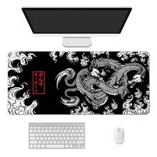 1pc Japanese Dragon Large Gaming Mouse Pad For Desk, Black Mouse Pad Gaming Mouse Mat Desk Pad, Non-Slip Base Computer Pad Keyboard Mat, XL Mousepad With Stitched Edge For Home Office