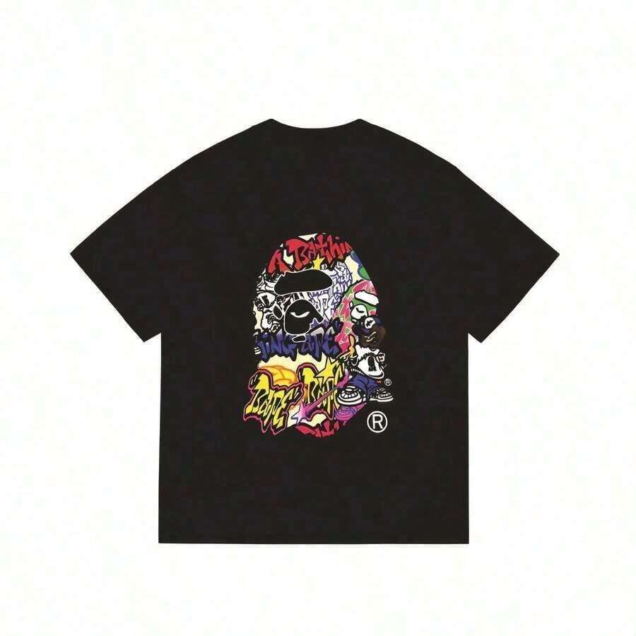 APE  2025 Summer New Cartoon-Shirt, Classic Ape Graphic Shirts, Men And Women With Short Sleeves, 200g Percent Cotton Comfortable And Versatile-Shirt100%Cotton Graphic Hoodies - 黑色 - 查看 1