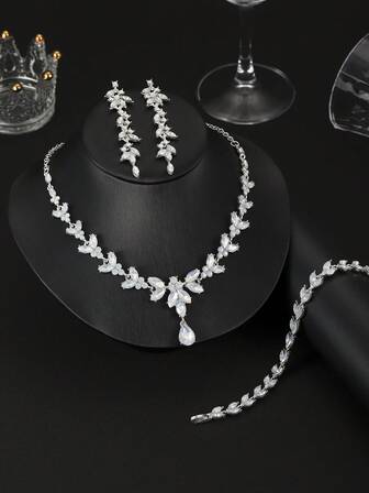 Juego de joyas de novia y dama de honor de 4 piezas con cristales de estrás, elegante collar con colgante de hoja de ojo de caballo con cristales de estrás, pendientes y pulsera, adecuado para accesorios de fiesta de boda de mujer