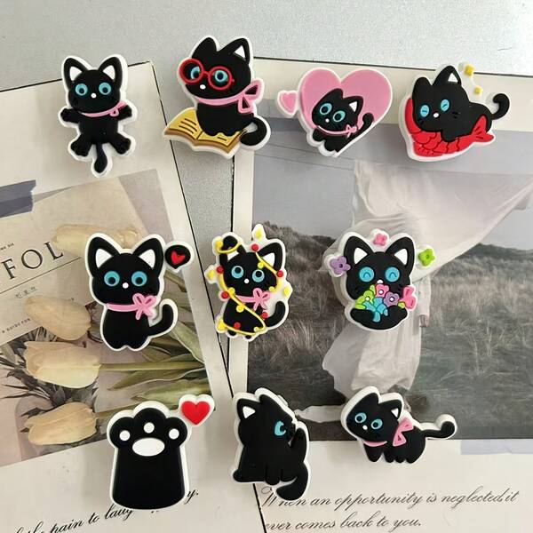 مجموعة من 10 مغناطيس ثلاجة بشكل قلب أسود على شكل قطط، هدايا مثالية للمناسبات، مناسبة لعيد الميلاد والهالوين والفصح وعيد الشكر - عيد الحب - ديكورات منزلية وللمكتب جميلة. مغناطيس ثلاجة هدايا منزلية جديدة، مغناطيس ثلاجة مضحكة بالجملة