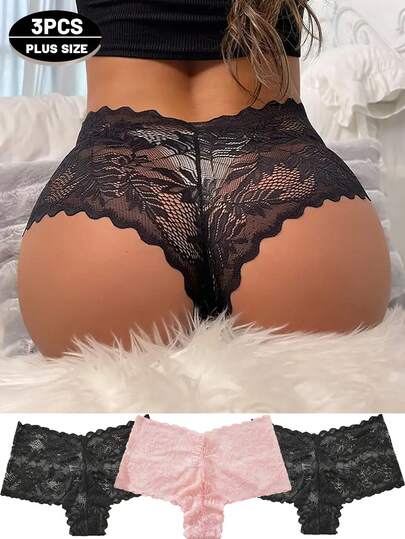 Calcinhas plus size 3 peças, roupa íntima feminina confortável, respirável e sexy, acabamento em renda de cor sólida e alta elasticidade