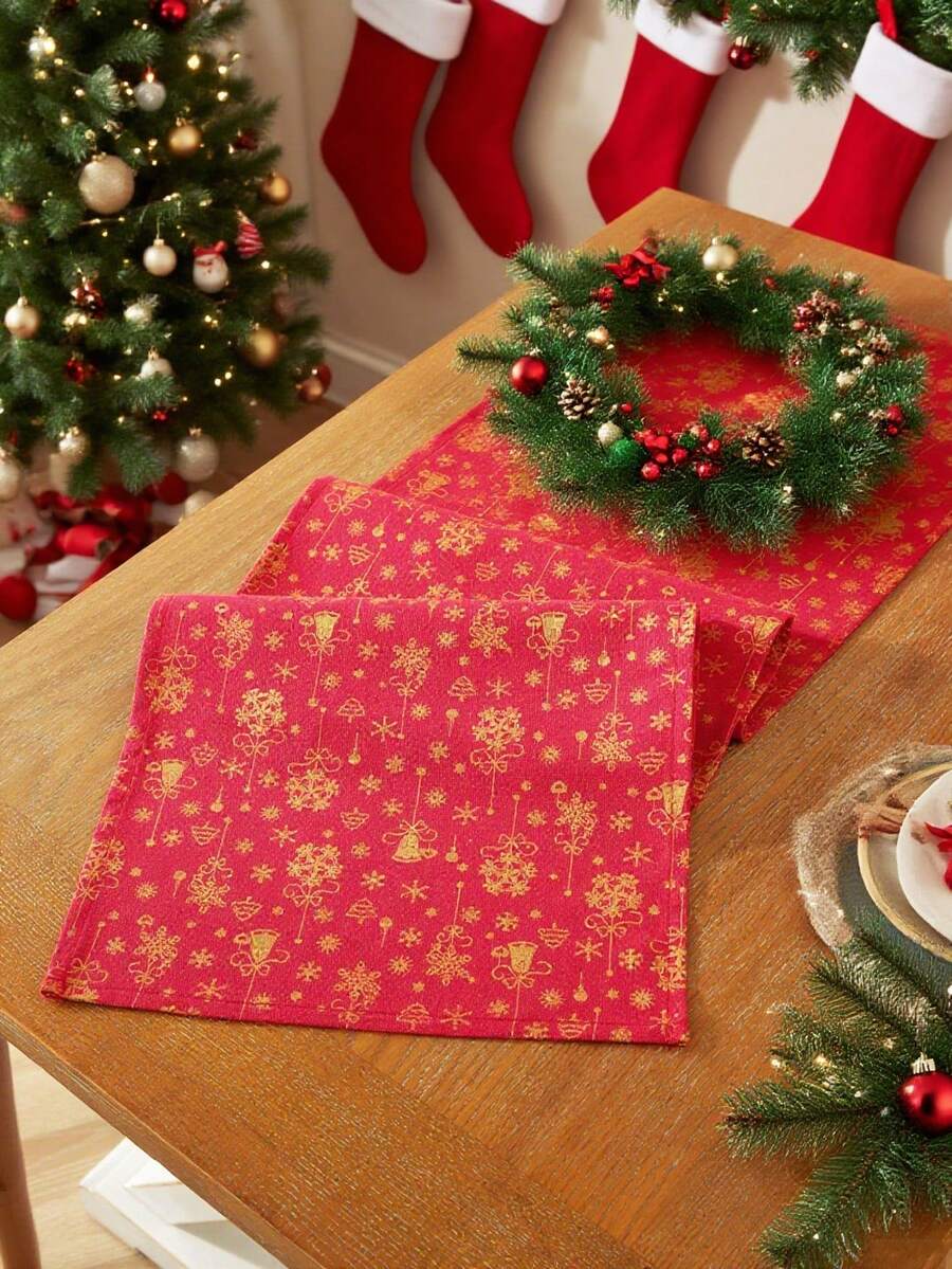1 pieza Camino de mesa de Navidad, Camino de mesa rectangular, Campanas rojas y doradas, Lavable, Adecuado para mesa de café, aparador, cubierta de gabinete, decoración de habitación, decoración de fiesta, estilo rústico, cocina, comedor, sala de estar, reunión, fiesta, decoración navideña, decoración de Año Nuevo, decoración de invierno, regalo - Rojo - Ver 1