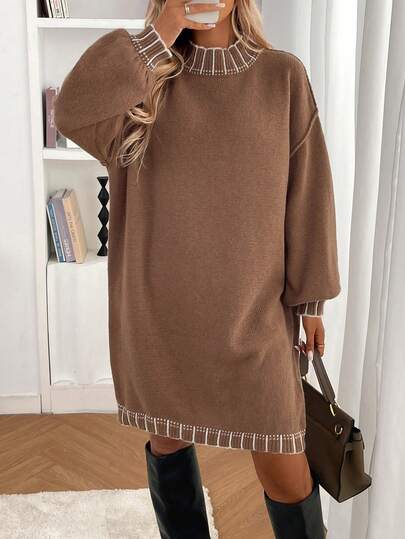 Plus Size Women Loose Casual Crew Neck Knit Sweater Dress