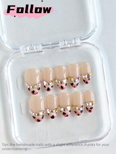 10pcs Y2k Pink Leopard Fench Tips Short Almond Handmade Press-On Nails,Gorgeous And Cute Nail Art,Colored Diamond-Edged Nails,Sweet Style,Nail Supplies,Fake Nails,Suitable For Women's Halloween Christmas Parties, Dances, Daily Casual Wear