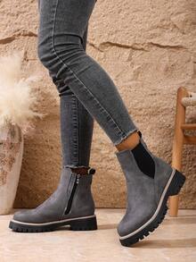 1 Pair Elegant Solid Color Fashion Side Zipper Ankle Boots, Suitable For Outdoor Wear All Seasons - Grey - View 5