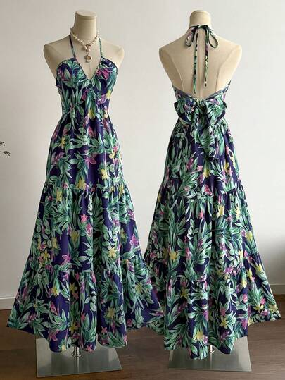 Rusttydustty 女士休闲度假波西米亚风长款碎花连衣裙，配有尺码帽，适合复活节、海滩、夏威夷音乐节、热带度假、圣诞节和万圣节等场合。