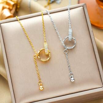 1 可爱时尚的双环圆形项链，适合女性日常佩戴、度假、旅行、购物、外出、拍照装饰和佩戴。