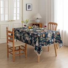French Country Tablecloth For Square Tables,Fringed Edges With Leaves And Flowers Pattern Tablecloths,Farmhouse Floral Table Cover Cloth Drative For Kitchen Dining Room,59"X 70",24897019 - 藍色 - 查看 2
