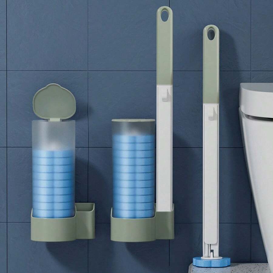 Escova de vaso sanitário descartável com cabeças de reposição e solução de limpeza - Ideal para escolas, universidades e dormitórios. Essencial para limpeza doméstica e de vasos sanitários. Escova de vaso sanitário com solução de limpeza inclusa. Produtos de limpeza que não exigem que você suje as mãos.