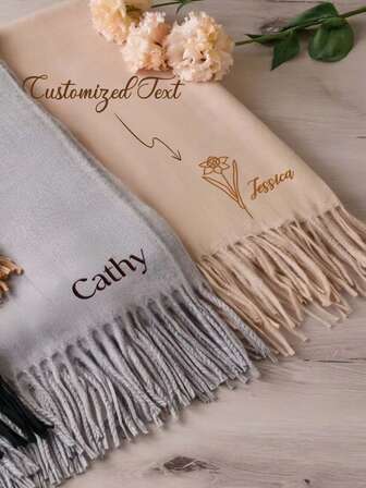 Custom Scarf With Fringe Trim, Embroidered Name/Initials/Phrase, Personalized Gift Woolly Scarf, Winter Scarf, Bulk Scarves, Personalized Shawl, Personalized Wrap, Cashmere Scarf, Woven Scarf, Winter Wedding, Wedding Scarf, Gift For Bride, Bridesmaid Proposal, Christmas Gift, Personalized Scarves