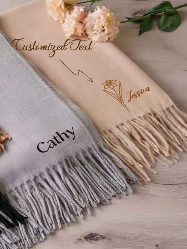 Custom Scarf With Fringe Trim, Embroidered Name/Initials/Phrase, Personalized Gift Woolly Scarf, Winter Scarf, Bulk Scarves, Personalized Shawl, Personalized Wrap, Cashmere Scarf, Woven Scarf, Winter Wedding, Wedding Scarf, Gift For Bride, Bridesmaid Proposal, Christmas Gift, Personalized Scarves