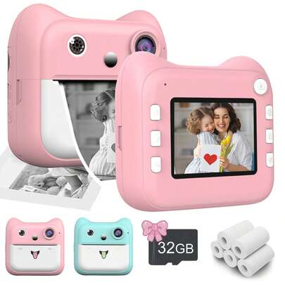Portable Instant Camera For Quick Photo Output, Kids Instant Print Camera,1080P Ultra-Clear Photos Camera For Kids, Lightweight And Portable, Definition Video Recording Point And Shoot With 8X Zoom Anti Shake,Take Photos At Regular Intervals,Christmas Birthday Gifts For-32G SD Card Included&5 Rolls Print Paper