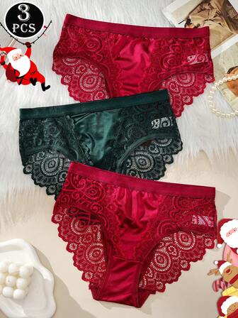 3 件套 - 完美搭配您的圣诞装！性感女士缎面三角内裤，精致蕾丝图案，让人联想到圣诞蕾丝装饰，丝滑面料触感如丝带般顺滑；适合圣诞节和新年场合，纯洁迷人的女士内衣。