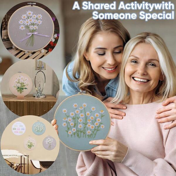 A Set Of Embroidery Kits, Basic Set, Featuring Small Daisy Patterns, All Hand-Embroidered. The Finished Products Are Suitable For Framing As Wall Art, Making School Bags And Fabric Crafts. The Set Includes Embroidery Hoops.