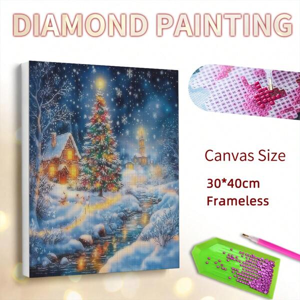 Kit de pintura de diamante 5D DIY (1 peça) - Paisagem de Natal com árvore nevada, conjunto completo de bordado com strass redondo para decoração moderna de casa, tela de 30x40 cm (12x16 polegadas), sem moldura, pintura de diamante natalina.