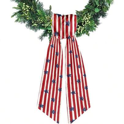 Patriotic Wreath Sash Front Door Red White Stripe Wreath Satin Sash Burlap Garland Ribbon Accessories Wreath Yard Doorway Indoor Outdoor Bow Bridal Shower Home Decor, 5.1x 54.3