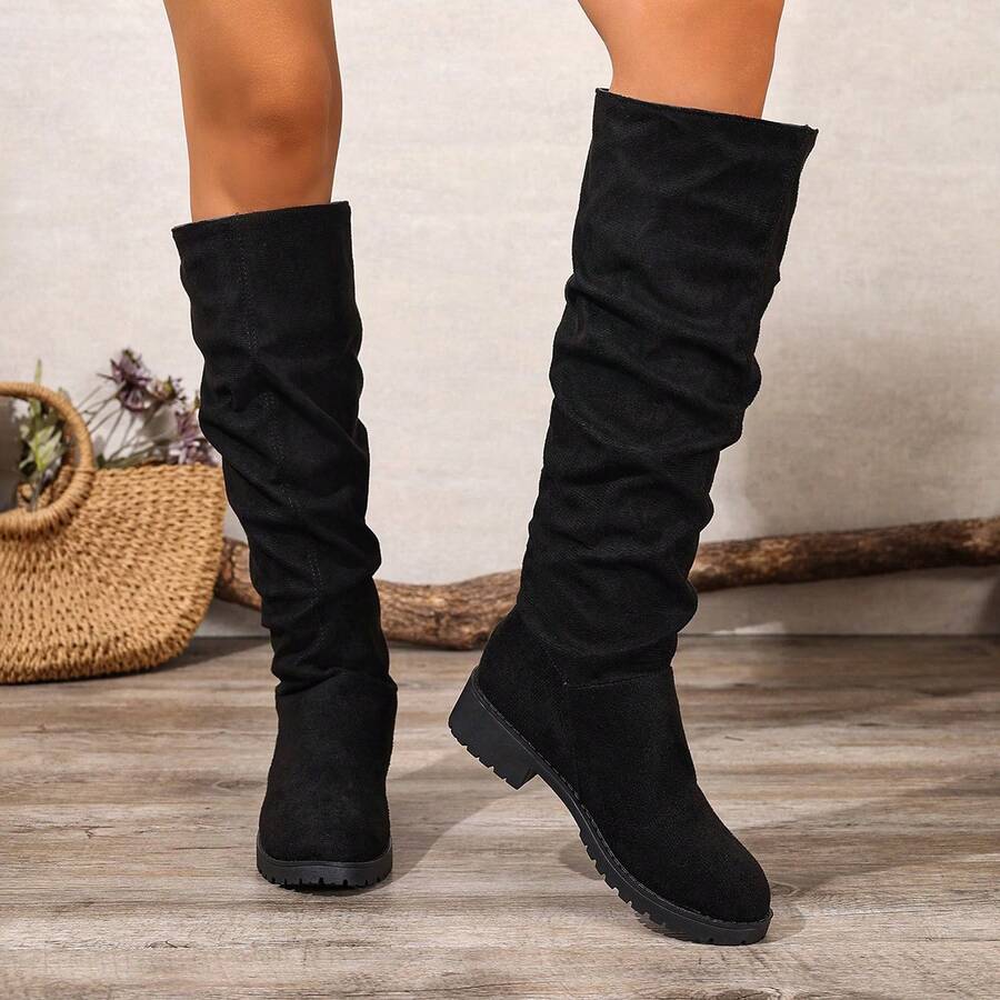 优雅的黑色弹性绒面革后系带及膝靴，女式低跟不过膝马靴，时尚百搭，适合秋冬 - 黑色 - 查看 1