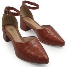 Women's Crocodile Block Heel Mule | Comfortable Medium Low Pointed Toe | Elegant Nappa Dress Shoe | Elegant Buckle Office Shoe - 駝色 - 查看 1
