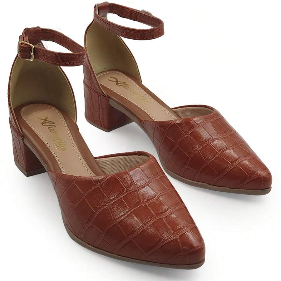 Women's Crocodile Block Heel Mule | Comfortable Medium Low Pointed Toe | Elegant Nappa Dress Shoe | Elegant Buckle Office Shoe - 駝色 - 查看 1
