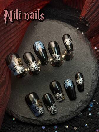 10 Stücke/Set handgemachte kurze Sarg Y2K Baddie Stil Aufklebe-Nägel, schwarze Nägel mit handgezeichneten blauen Katzenaugen, Kätzchen&Silber&Braun Katzen Zeichnung süße Acrylnägel Vollabdeckung Kunstnägel für Frauen, für besondere Anlässe und den täglichen Gebrauch, tolles Geschenk für Frauen und Mädchen, mit 1 Gelkissen und 1 Nagelfeile