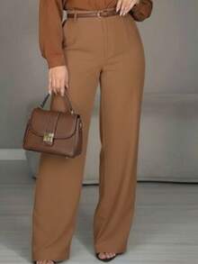 Women's Wide Leg Tailored Style Pantaloons With High Waist, Simple Zipper, Pocket, PP To GG, Office, Formal Night And Nighttime, Modern Winter, Premium Sensory Fabric - 鏽棕色 - 查看 2