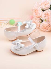 Zapatos de vestir con tacón grueso, decorados con lazo blanco y lentejuelas, adecuados para ocasiones formales, fiestas, bodas, actuaciones, ballet, estilo princesa, cómodos y versátiles para niñas pequeñas, medianas y grandes