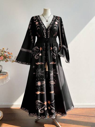 Rusttydustty Vestido maxi negro de mujer talla grande con bordado de luna y estrella, cintura con cordón, manga larga, estilo bohemio para fiesta de té, vacaciones, Cyber Monday, Navidad, Año Nuevo