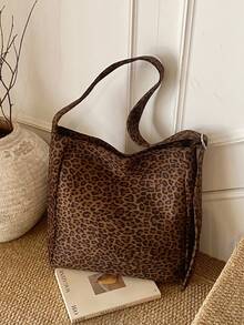 1 Pieza Bolso de hombro de mujer de ante estilo vintage con estampado de leopardo, elegante, de gran capacidad, con cierre de cremallera, correa de hombro ajustable, diseño de correa de hombro ancha, bolso casual perfecto para viajes, fiestas, ir a la oficina o la escuela, es un imprescindible para mujeres, mejores amigas, madres, trabajadoras de oficina y estudiantes para su uso diario.