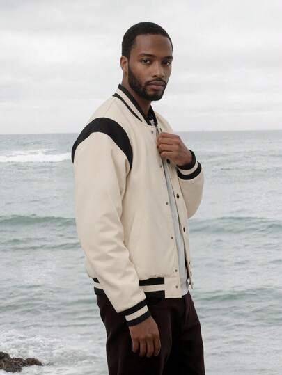 1 جاكيت رياضية كاجوال بطباعة شعار وألوان متباينة بطراز الشارع، مناسبة للارتداء في فصل الخريف